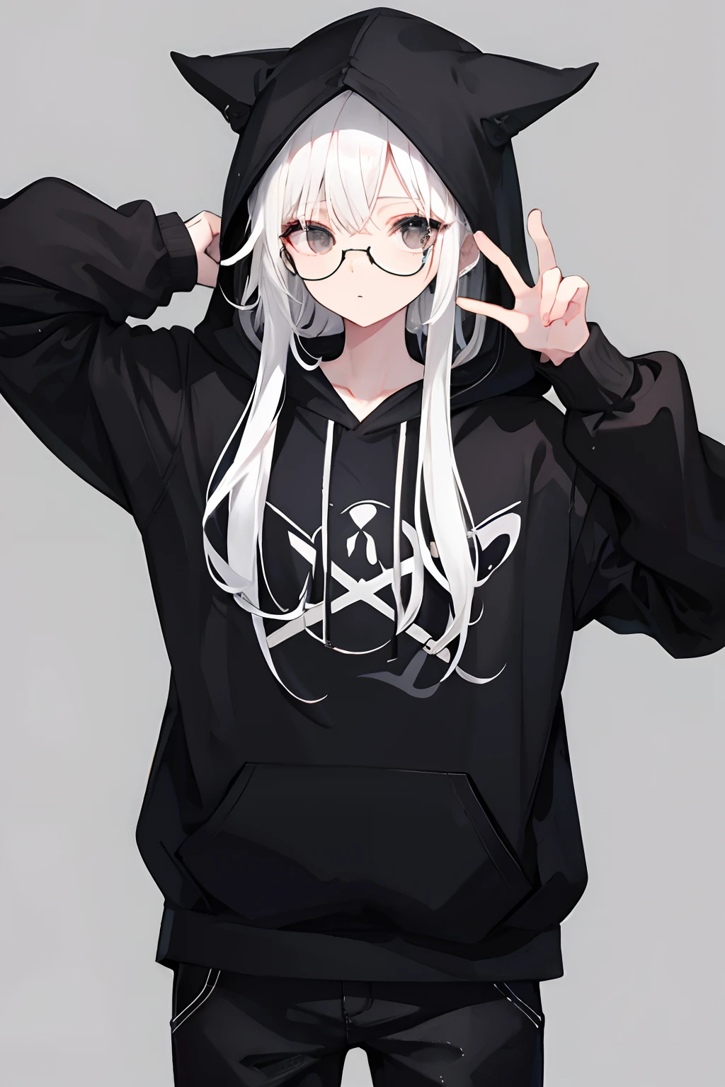 Girl, Long Black Hair /w 1 white hair pin, Black Glasses, Black eyes, Hoodie on his head, Black Hoodie, Black Jeans, High quality, HD