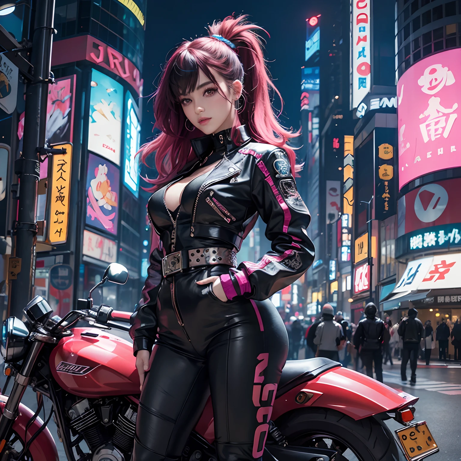 obra de arte, melhor qualidade, Garota cyberpunk confiante, Tiro de corpo inteiro, ((standing in front of the motorcycle)), Roupa pop inspirada em Harajuku, bold colors and patterns, attractive accessories, penteado moderno e inovador, maquiagem vibrante, Paisagem urbana deslumbrante cyberpunk, skyscrapers, Placas de neon, Luzes LED, esquema de cores vivas e brilhantes, anime, illustration, textura detalhada da pele, textura detalhada de pano, lindo rosto detalhado, detalhes intrincados, ultra detalhado.