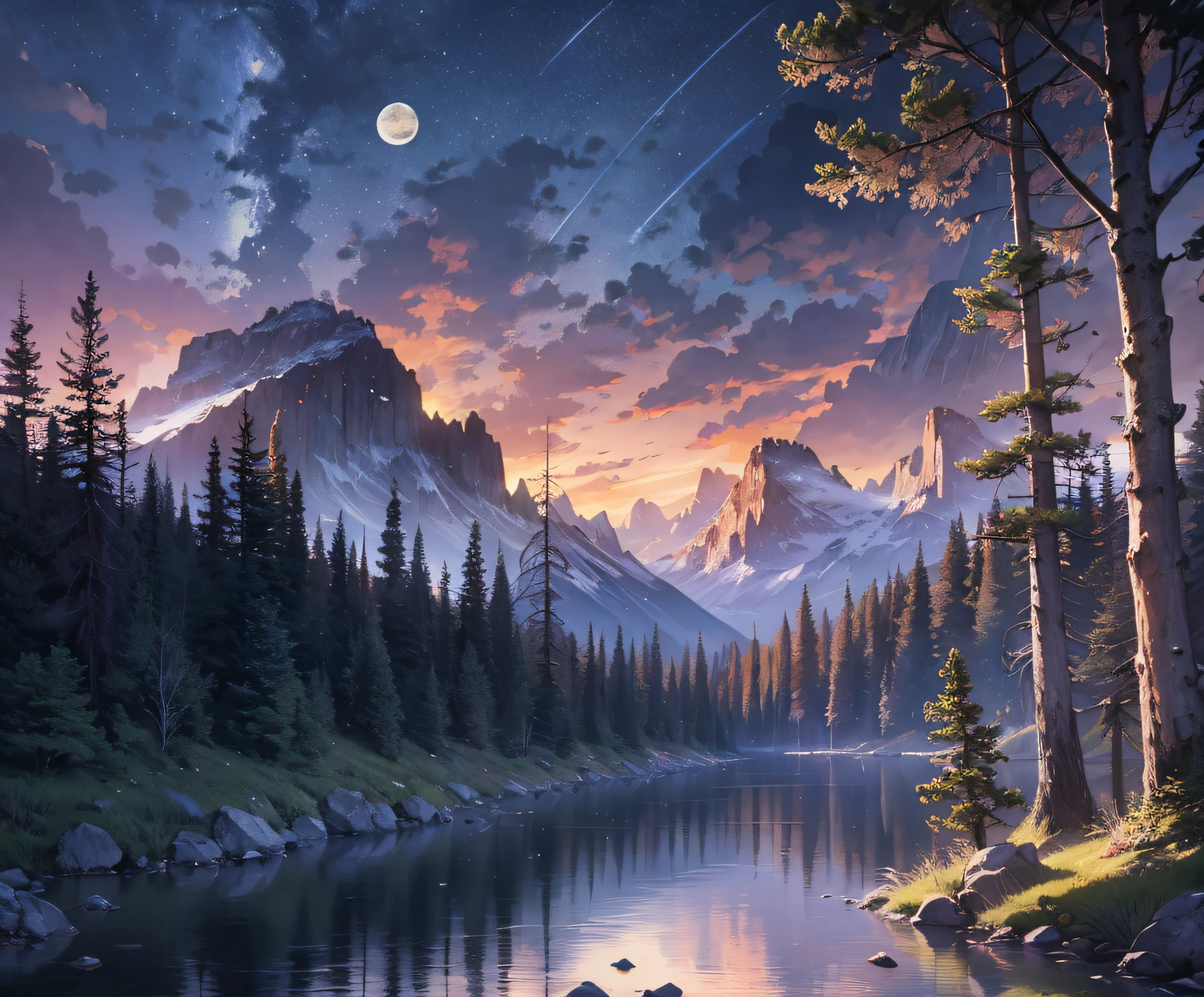 Very good 8KCG wallpapers, very fine 8K CG wallpaper, watercolor (medium), Deep in the woods, mountains, rock formations, moonlit night, In the middle of the night, dark backgrounds, No people, No portrait, Narrow lake, 1 a.m., 夏天, Views from up high, Deep in the woods