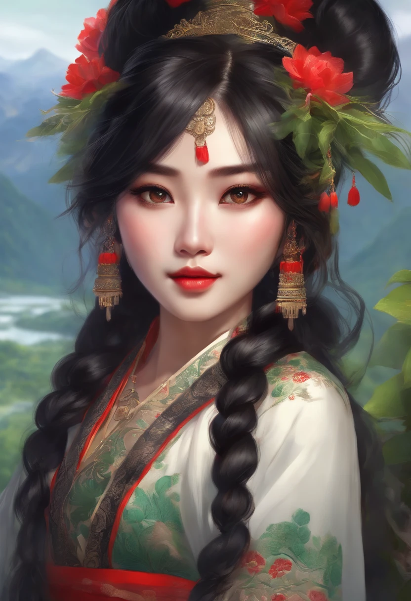 a girl with Miao ethnicity,dressed in vibrant traditional costume,beautiful detailed eyes,beautiful detailed lips,long eyelashes,black hair tied up in an intricate hairstyle,mountain background with lush greenery and mist,soft natural lighting,anime style,rich color palette,high resolution painting