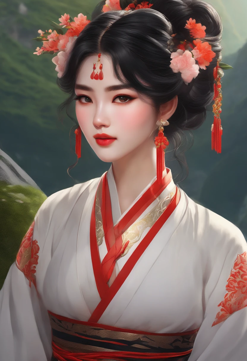 a girl with Miao ethnicity,dressed in vibrant traditional costume,beautiful detailed eyes,beautiful detailed lips,long eyelashes,black hair tied up in an intricate hairstyle,mountain background with lush greenery and mist,soft natural lighting,anime style,rich color palette,high resolution painting