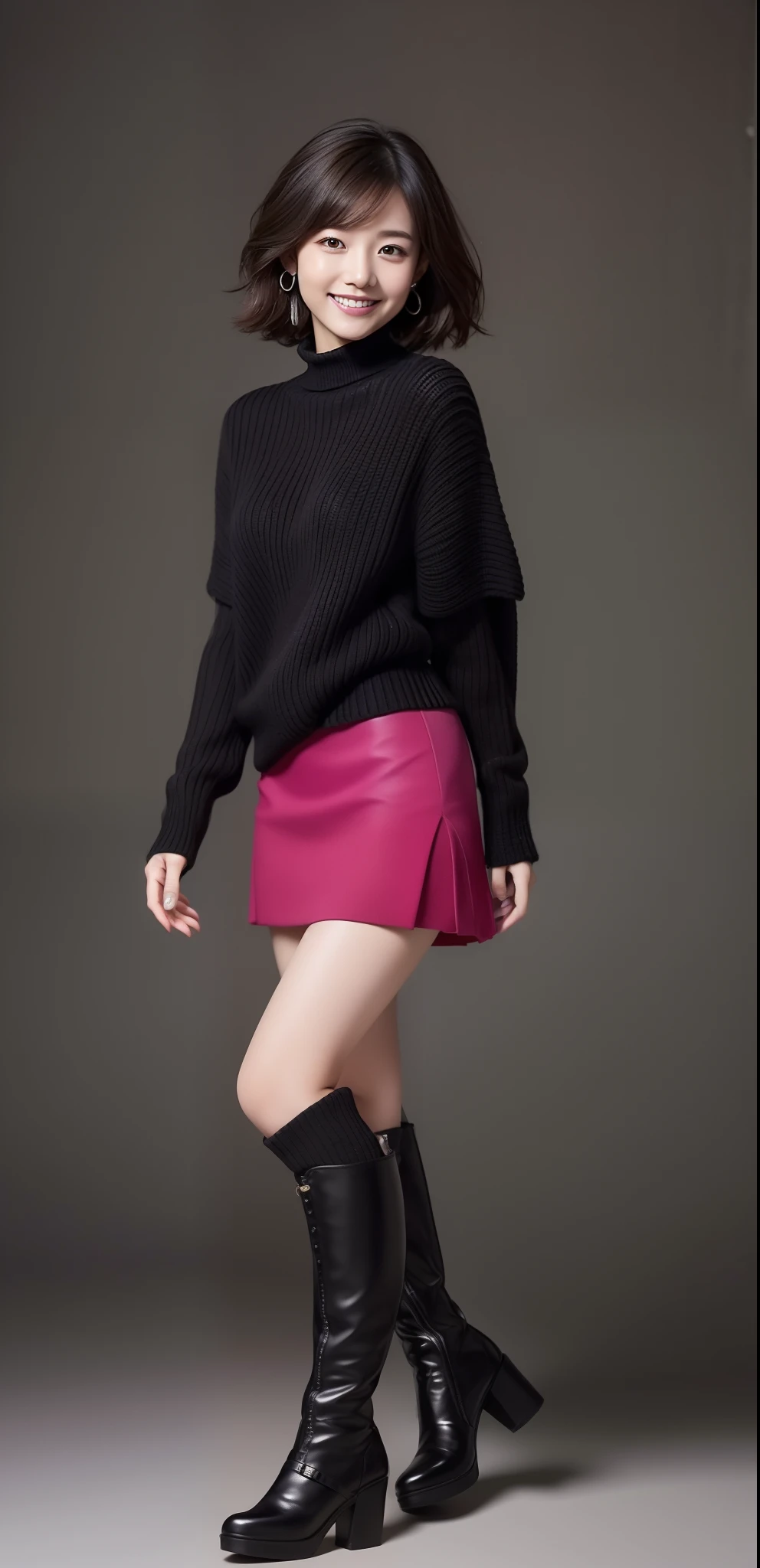 (The most beautiful young Japan women in the world:1.2)、brown, Slightly disheveled hair and side-wavy short-cut hair:1.4,1 persons、Black and white knitted sweater:1.2、Magenta and black sexy mini skirt:1.2、Black knee high boots:1.2 Medium、The best smile、masterpiece、top-quality,Great skin,Great hands,The background is the party venue,