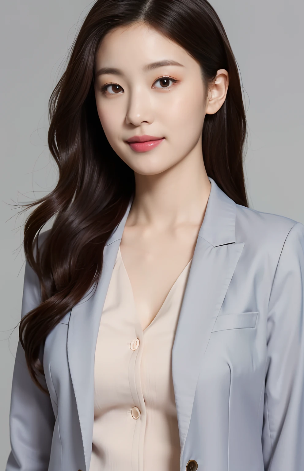 A woman in a blue suit and white shirt posing for a picture - SeaArt AI