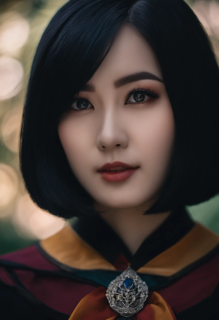 (portrait, high resolution:1.2), ultra-detailed, vivid colors, studio lighting, black straight bob hair, Japanese woman, beautiful, Hogwarts School of Witchcraft and Wizardry cosplay