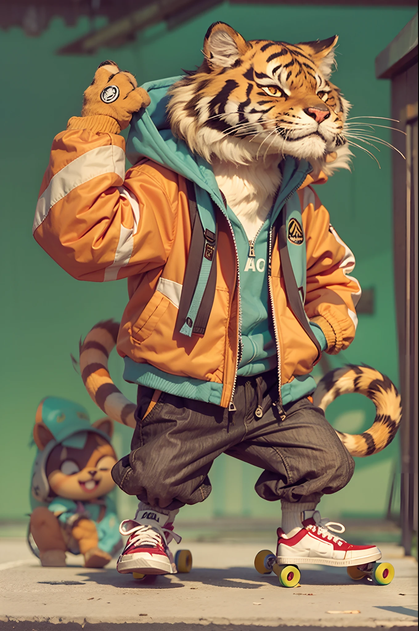 Cartoon tiger with jacket and skateboard