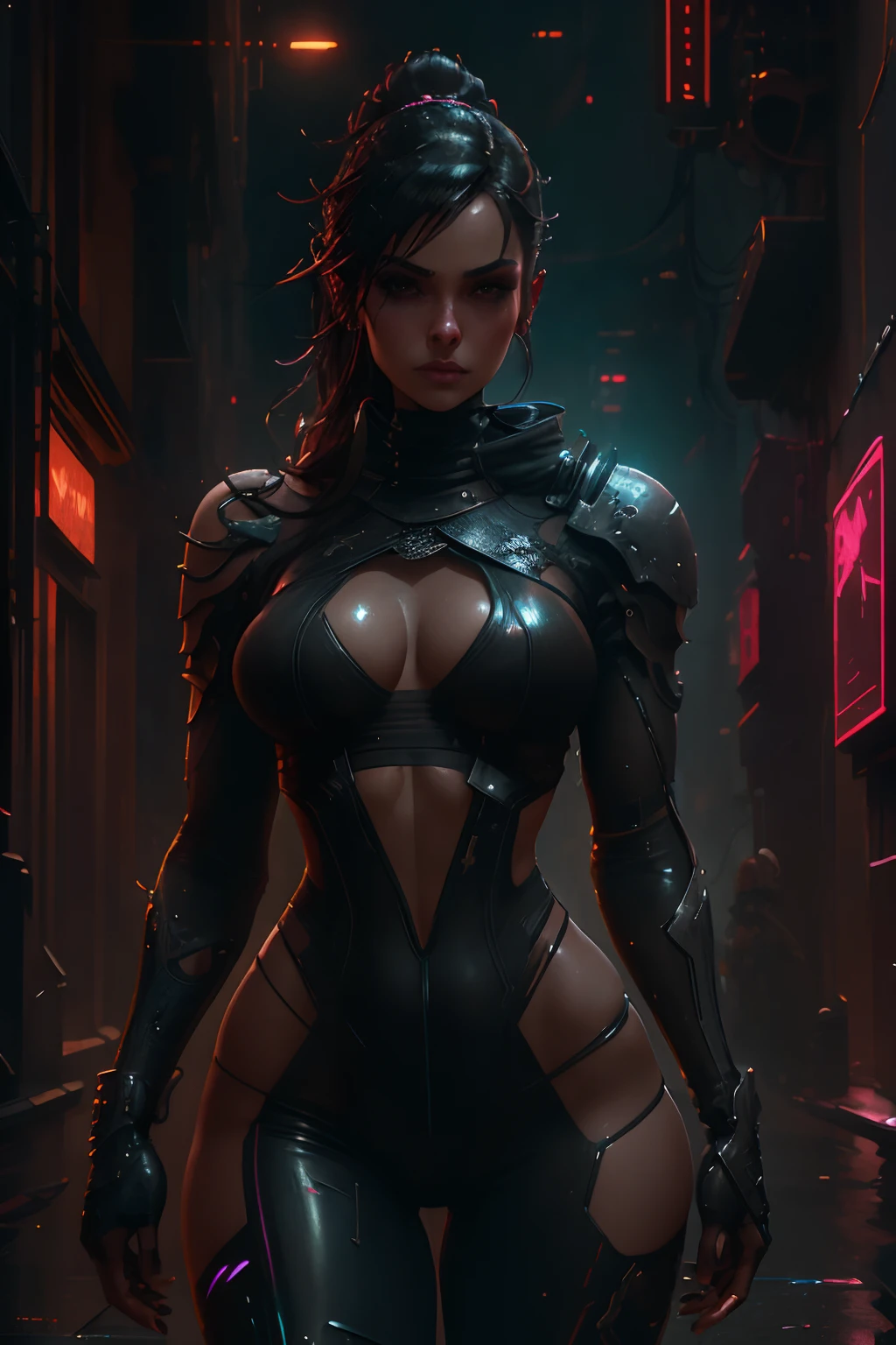 Beautiful Alluring cyberpunk knight, Athletic Well Toned Body, Elegant Form, at a cyberpunk city, Barely Clothed, cleavage, Beautiful Face, Ominous cyberpunk Theme, Fiverr Dnd Character, Octane Render, Digital Art, Extreme Detail, 4k, Ultra Hd, Polished, Beautiful, Hyperdetailed, Intricate, Elaborate, Meticulous, Photorealistic, Sharp Focus, Wlop, Character Design, Unreal Engine, 3d Rendered, Volumetric Lighting, Reflections, Glossy, Digital Illustration, Sensual Pose, Suggestive Pose, Lewd, Full Body Shot, anatomically correct, 💖❤💕💋❣