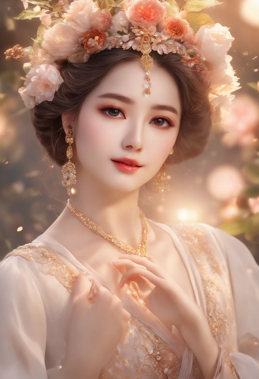 (best quality,8k,highres,masterpiece:1.2),ultra-detailed,realistic,anime,beautiful detailed eyes,beautiful detailed lips,extremely detailed eyes and face,longeyelashes,curly hair,innocent expression,vibrant colors,youthful appearance,blossoming flowers,traditional costume,elaborate headpiece,ethereal background,soft lighting,hint of sunlight,playful pose,sparkling eyes,dreamy atmosphere,fantasy elements,subtle blush,natural beauty,fairy-like,sublime scenery,detailed accessories,gentle smile,dainty posture,charming gaze,delicate features,graceful movement,lovely demeanor,soft hues,touch of magic,captivating aura,expressive eyes,artistic flair