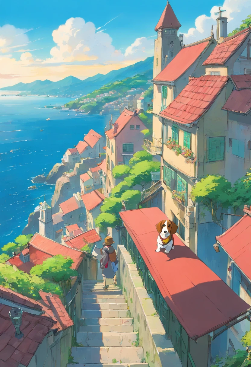 Petit Basset Griffon Bandane European-style cityscape A slope with a view of the sea