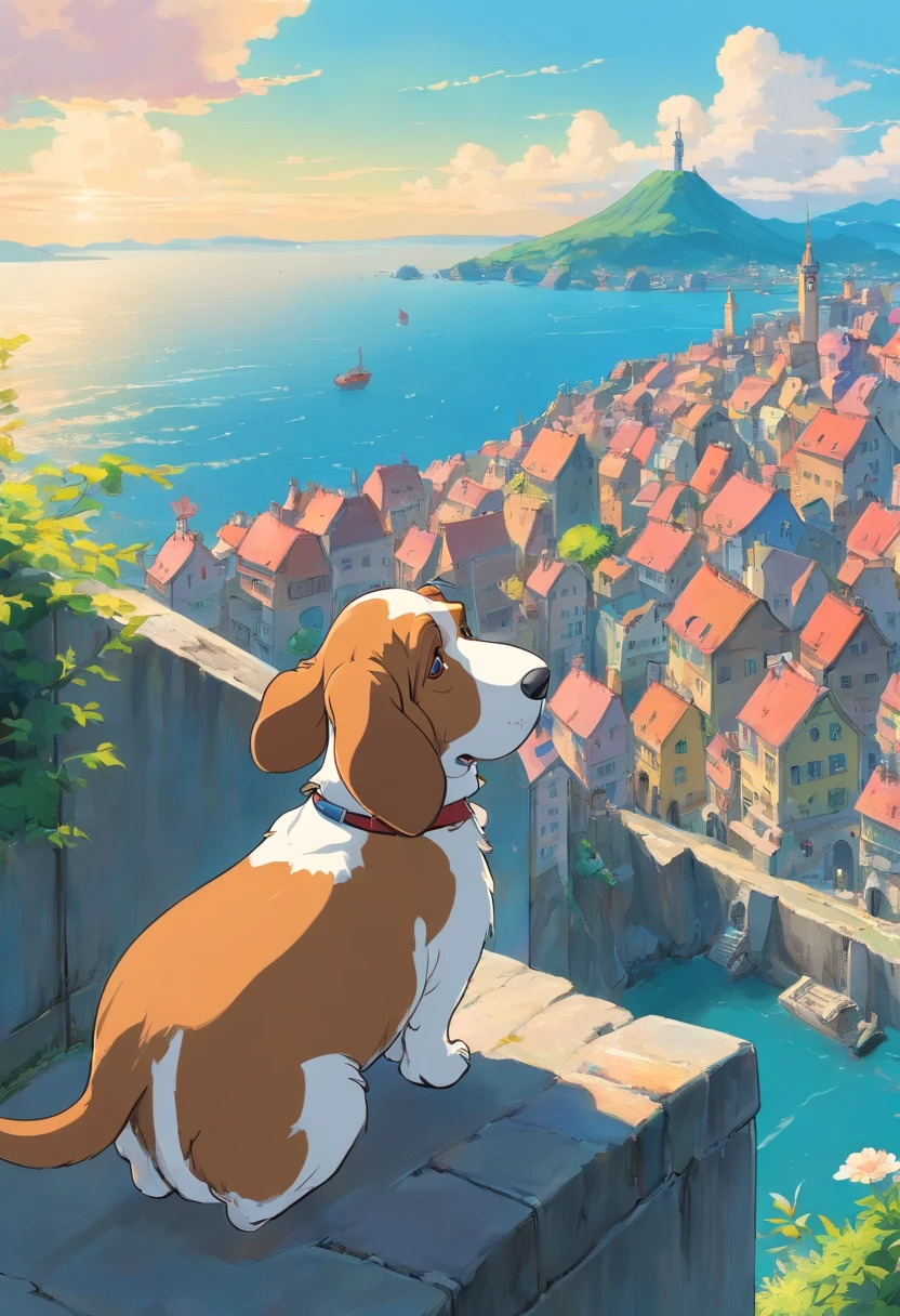 Petit Basset Griffon Bandane European-style cityscape A slope with a view of the sea