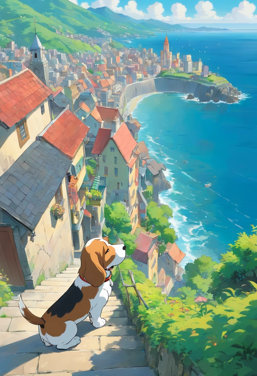 Petit Basset Griffon Bandane European-style cityscape A slope with a view of the sea