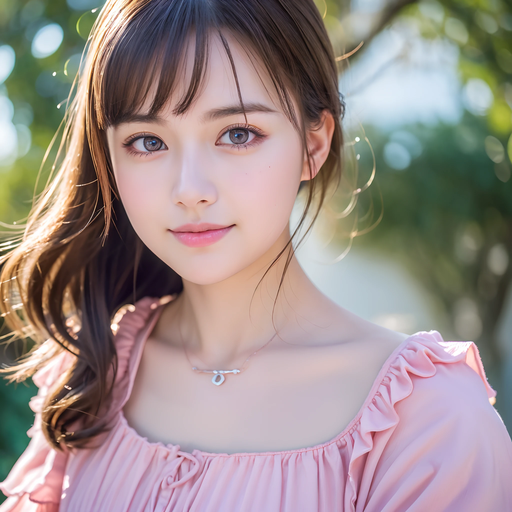 8K, Best Quality, masutepiece, Ultra High Resolution, (Realism: 1.4), Original photo, (Realistic skin texture: 1.3), (Film grain: 1.3), (Selfie angle), 1 girl, Pink clothes, Sapphire colored eyes and beautiful facial details, masutepiece, Best Quality, close up, Upper body