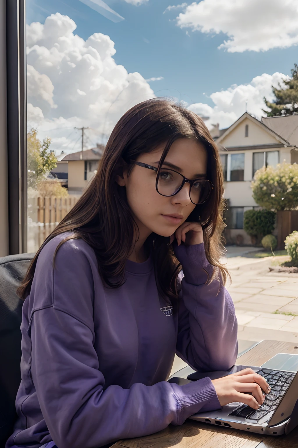Girl in a purple sweatshirt,sideface,Coiled hair,wears glasses,Face the computer,Typing,Behind are windows,Sunny day,There are clouds