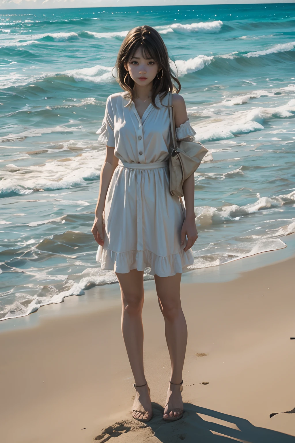 Woman standing on the beach。