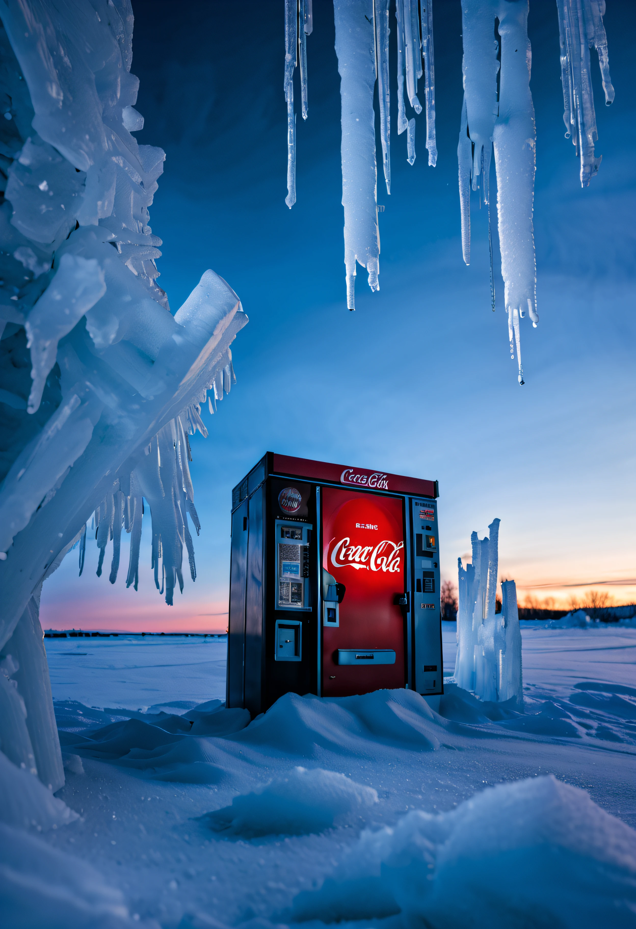 8k masterpiece, RAW photo, best quality:1.2, (rime ice), macro detailed photograph, low angle shot, sub-zero canadian morning in yellowknife, twilight, from ground looking up, "coca-cola" drinks vending machine covered with rime ice shimmering in the fading moonlight, twilight, epic shadows, detailed frozen hanging ice,
