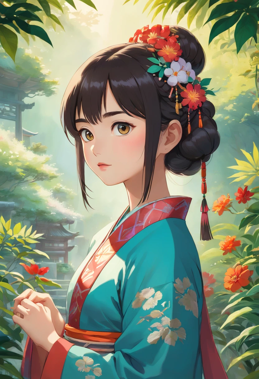 (best quality,4k,8k,highres,masterpiece:1.2),ultra-detailed,(realistic,photorealistic,photo-realistic:1.37),a girl of the Miao ethnic group,beautiful detailed eyes,beautiful detailed lips,extremely detailed eyes and face,long eyelashes,colorful traditional costume,elaborate silver jewelry,soft black hair with delicate braids,holding a vase of blooming flowers,standing in a lush garden surrounded by vibrant trees and exotic plants,filled with a sense of tranquility and harmony,incorporating elements of Miao culture such as delicate embroidery and intricate patterns,soft sunlight illuminating the girl's features,casting gentle shadows on her face and costume,creating a warm and inviting atmosphere,with a hint of misty morning in the background,enhancing the ethereal beauty of the scene.