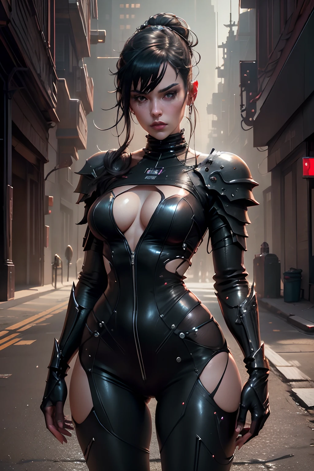 Beautiful Alluring cyberpunk knight, Athletic Well Toned Body, Elegant Form, at a cyberpunk city, Barely Clothed, cleavage, Beautiful Face, Ominous cyberpunk Theme, Fiverr Dnd Character, Octane Render, Digital Art, Extreme Detail, 4k, Ultra Hd, Polished, Beautiful, Hyperdetailed, Intricate, Elaborate, Meticulous, Photorealistic, Sharp Focus, Wlop, Character Design, Unreal Engine, 3d Rendered, Volumetric Lighting, Reflections, Glossy, Digital Illustration, Sensual Pose, Suggestive Pose, Lewd, Full Body Shot, anatomically correct, 💖❤💕💋❣