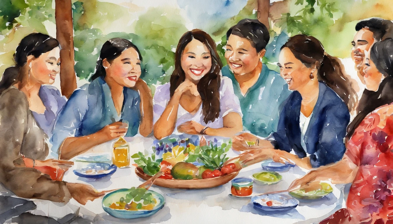 a group of asian young friends, 13 people, 7 men and 6 women, sitting around the table having a happy chat about their future.
