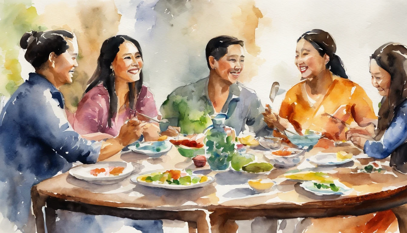 a group of asian young friends, 13 people, 7 men and 6 women, sitting around the table having a happy chat about their future.