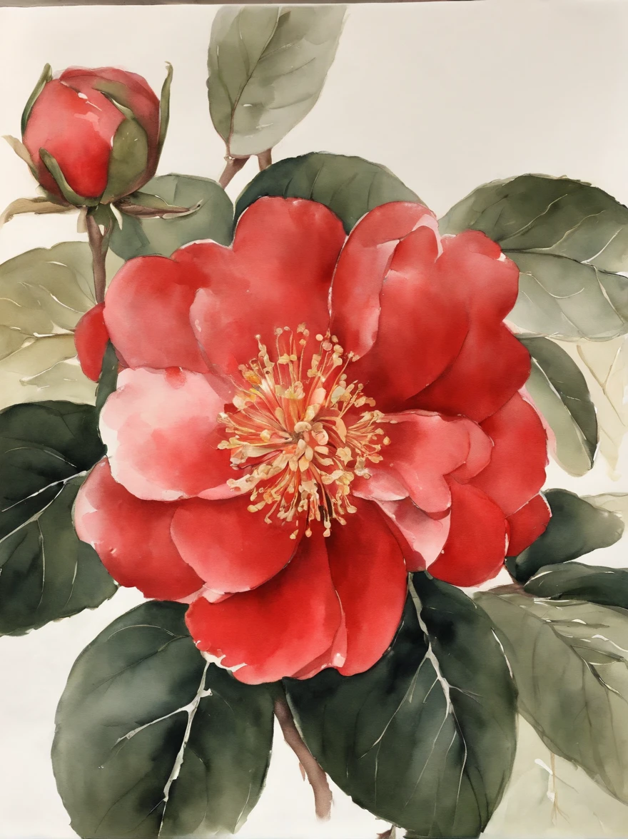 Fine depiction,China-style,ink and watercolor painting,(Red camellia),Elegant lines,meticuloso,masterful art