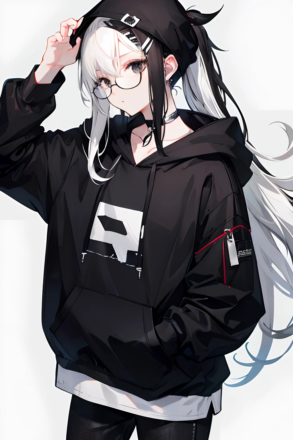 Girl, Long Black Hair /w 1 white hair pin, Black Glasses, Black eyes, Hoodie on his head, Black Hoodie, Black Jeans, High quality, HD