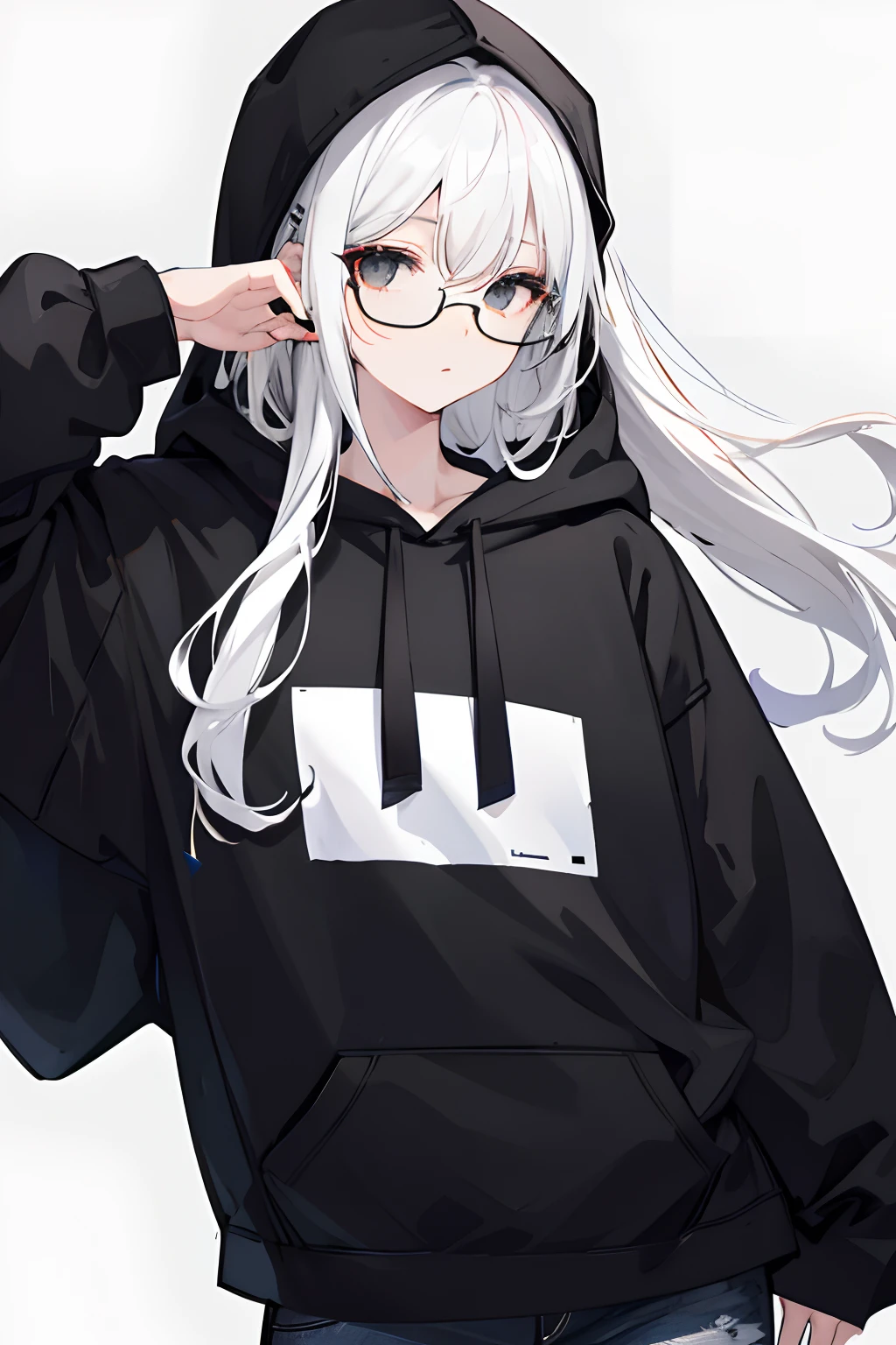 quadratic element,One guy,whaite hair,wears glasses,White pupils,Cat lady,White sweatshirt and black ultra shorts,Shy