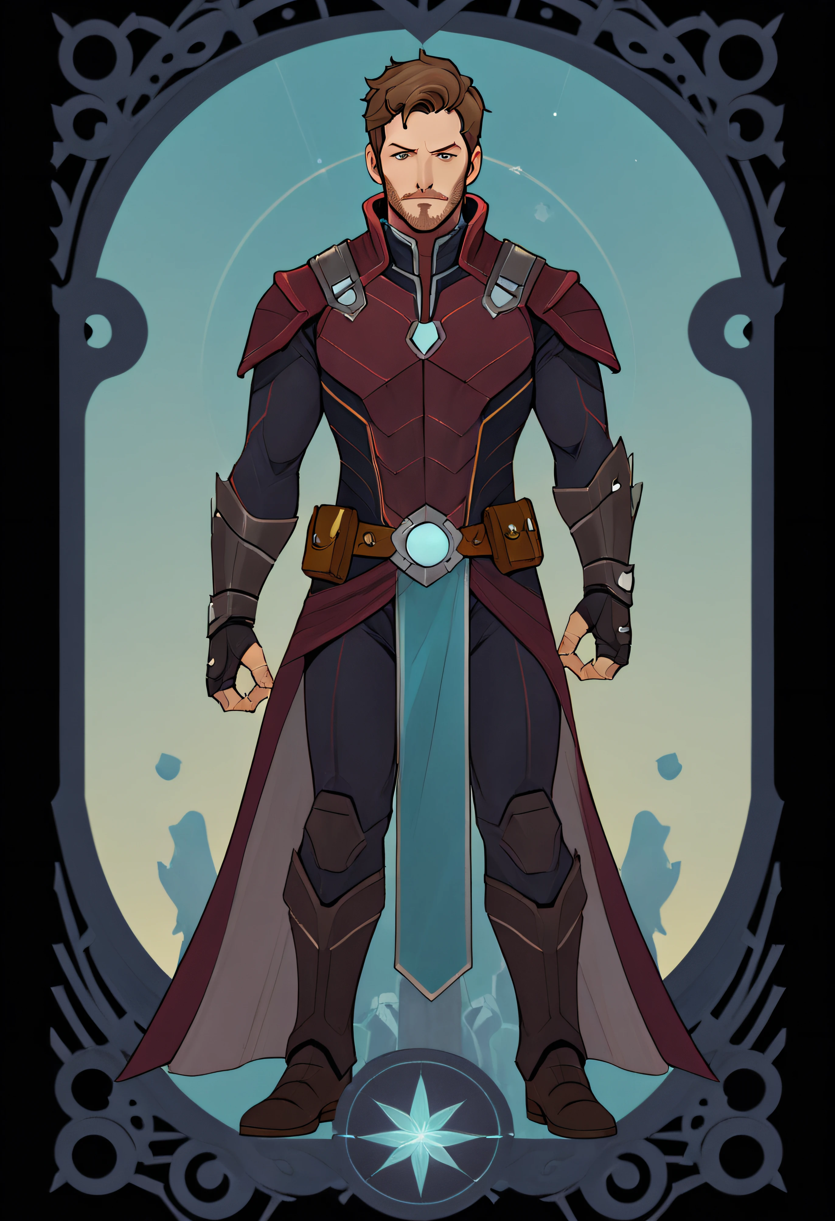 1Star-Lord, From the American comic book superhero, Full body standing painting, (((独奏))), Clear facial features, Simple line design, ((tarot card background, symmetric beauty)), perfectly symmetrical, The art of symmetry, Standing drawings of characters, ((flatcolors)), tmasterpiece，top Quority，best qualtiy，超高分辨率, ((Clear facial features，beautidful eyes，beauitful face, Exquisite facial features))