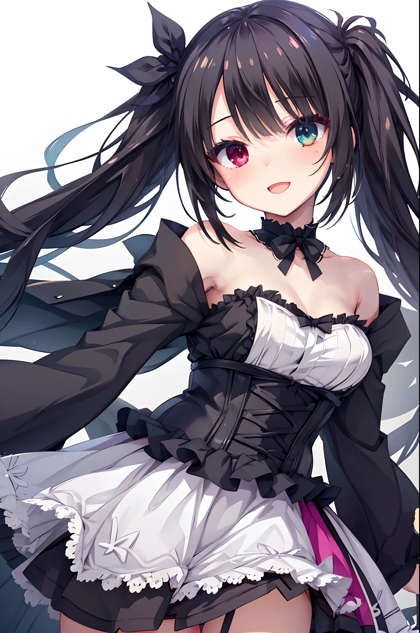 mesugaki,Black Fantasy Clothes,corsets,Twintails with black hair,(Heterochromia),blushed face，Smile with open mouth,White background,garter strap,Top image quality,Best Quality