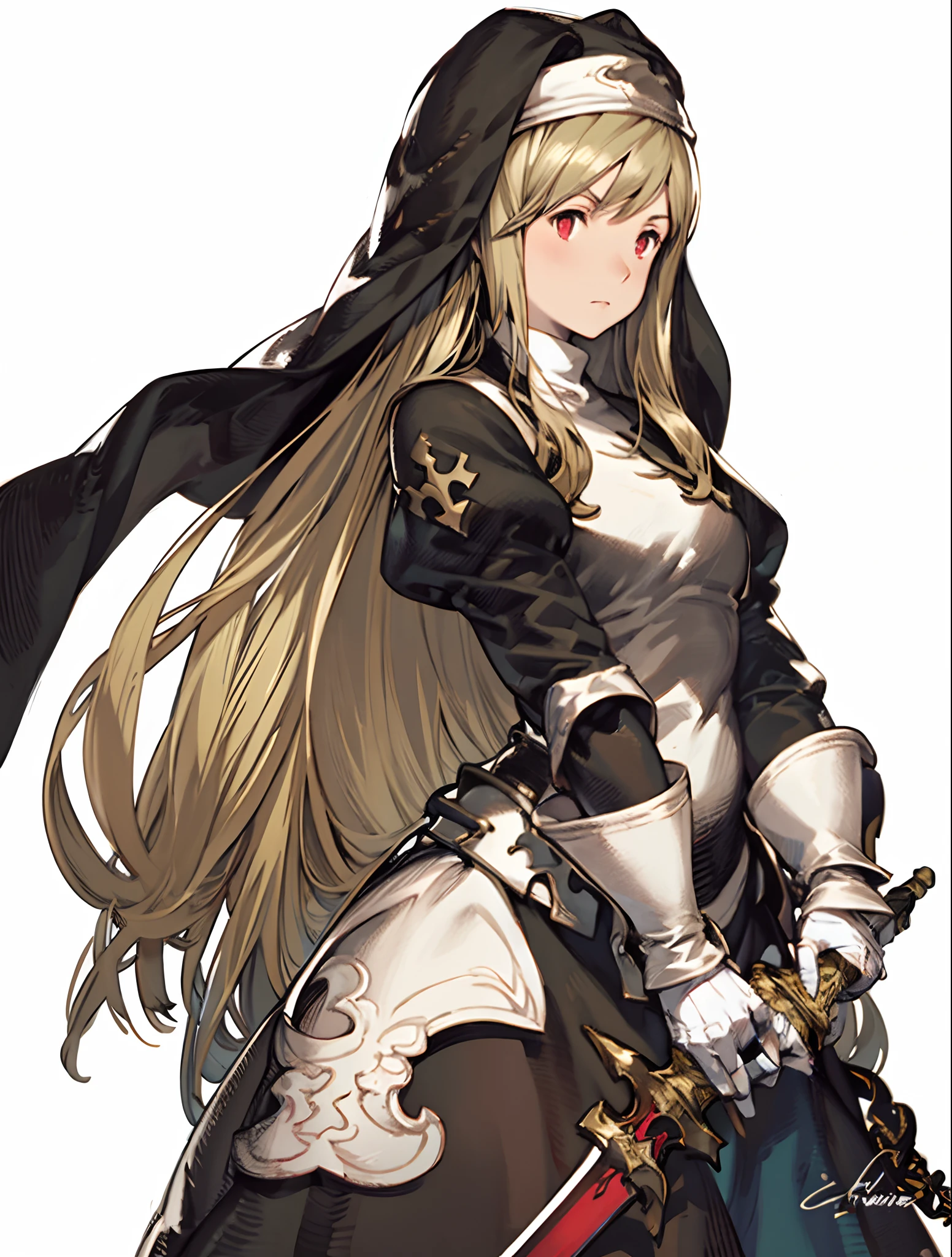 yoshida akihiko, 1girl, bravely default: flying fairy, bravely default \(series\), Nier, final fantasy, red eyes, nun cap, sword