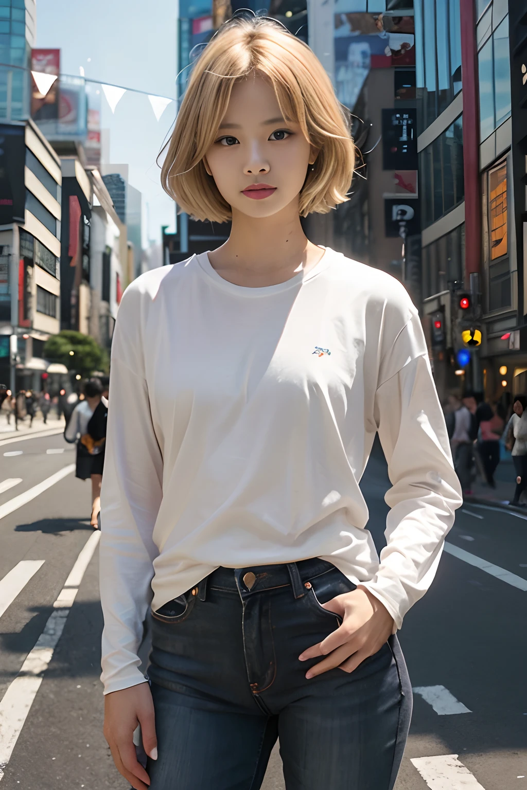 (tmasterpiece、top-quality、top-quality、primitive、ultra-realistic realism)、view over city、Shibuya cityscape、A handsome、pinging、(((Restrained blonde korean woman)))、slenderness、((((Please wear a plain black long-sleeved T-shirt all over your body))))、((with whole body visible))、(Stand upright in front)、Wearing jeans、The is very detailed、Extremely colorful、highestdetailed