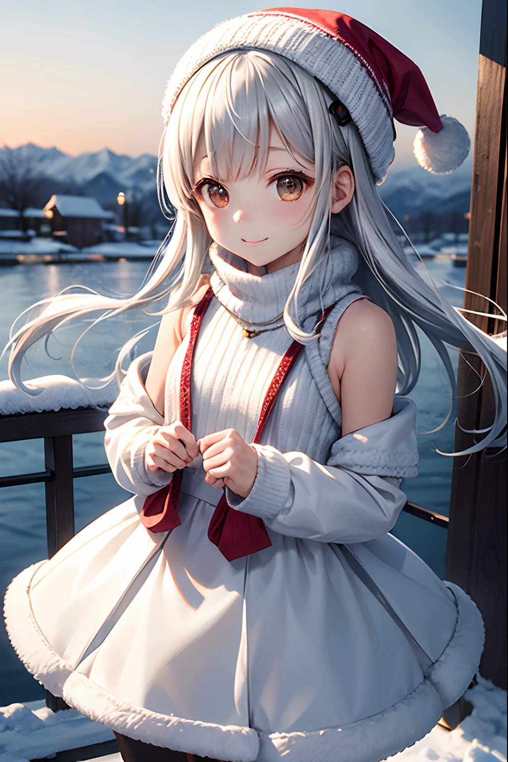 (masutepiece, Best Quality:1.2), 1girl in, Solo, Cute, kawaii, Digital Art、white knitted hat、Snowy landscape、Barbary skirt、close one's eyes in cold、Snowy town background,during daytime, Embarrassed expression, Silver hair(Short)、Red gloves、Phier、glistning skin、Small-faced beauty, Heart-shaped necklace,Low Angle Lens、perfect-composition、Perfect light and shadow delicacy、in 8K