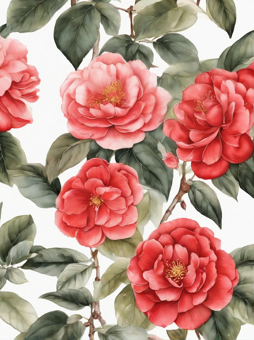 Fine depiction,planar,China-style,ink and watercolor painting,(Red camellia),Elegant lines,meticuloso,Superb hand-painted