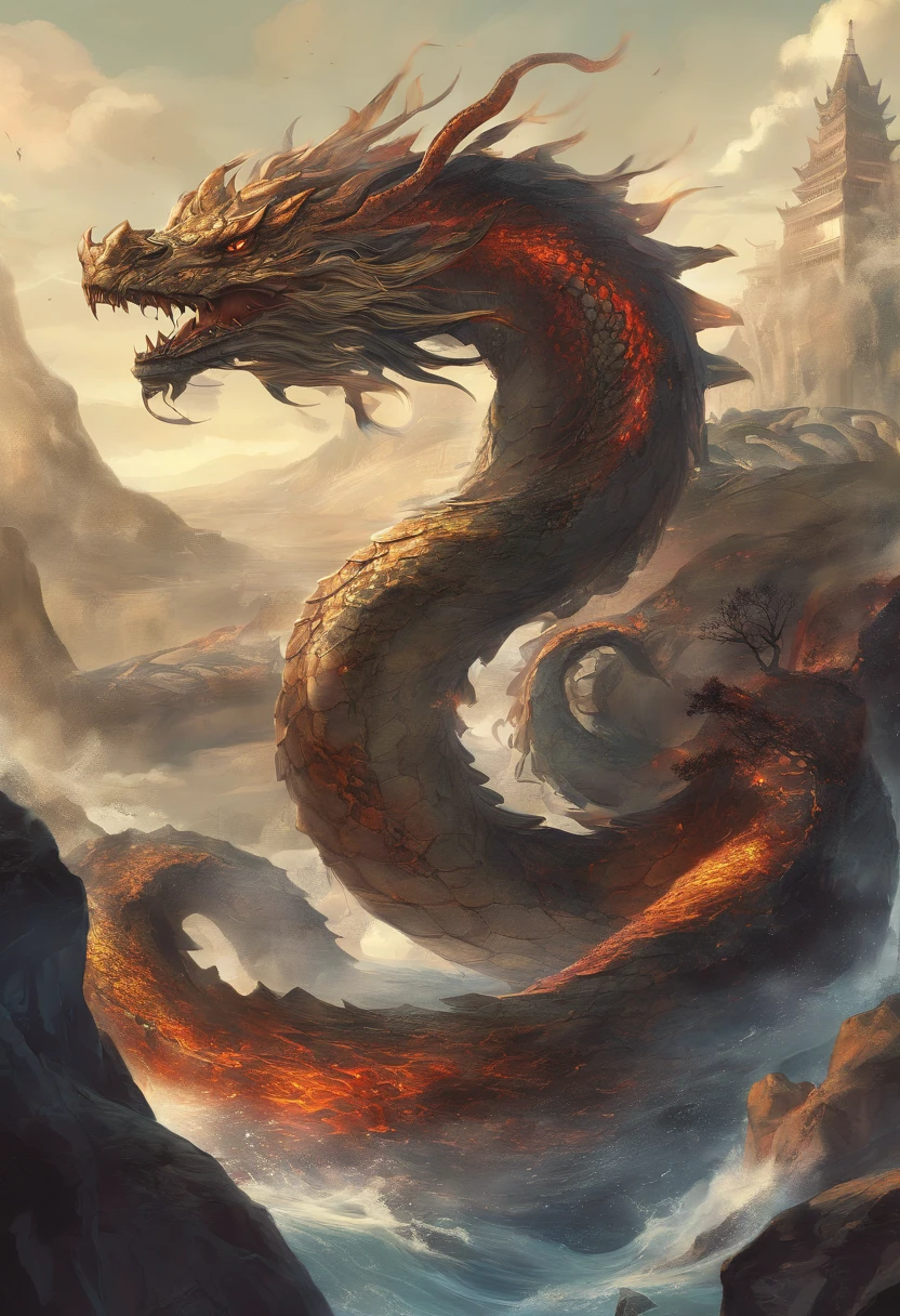 An oriental dragon。red。
The background is floating in the black sky。There is a thick fog。night。
Sharp eyes、It is shining now。At the peak of the volcano。
