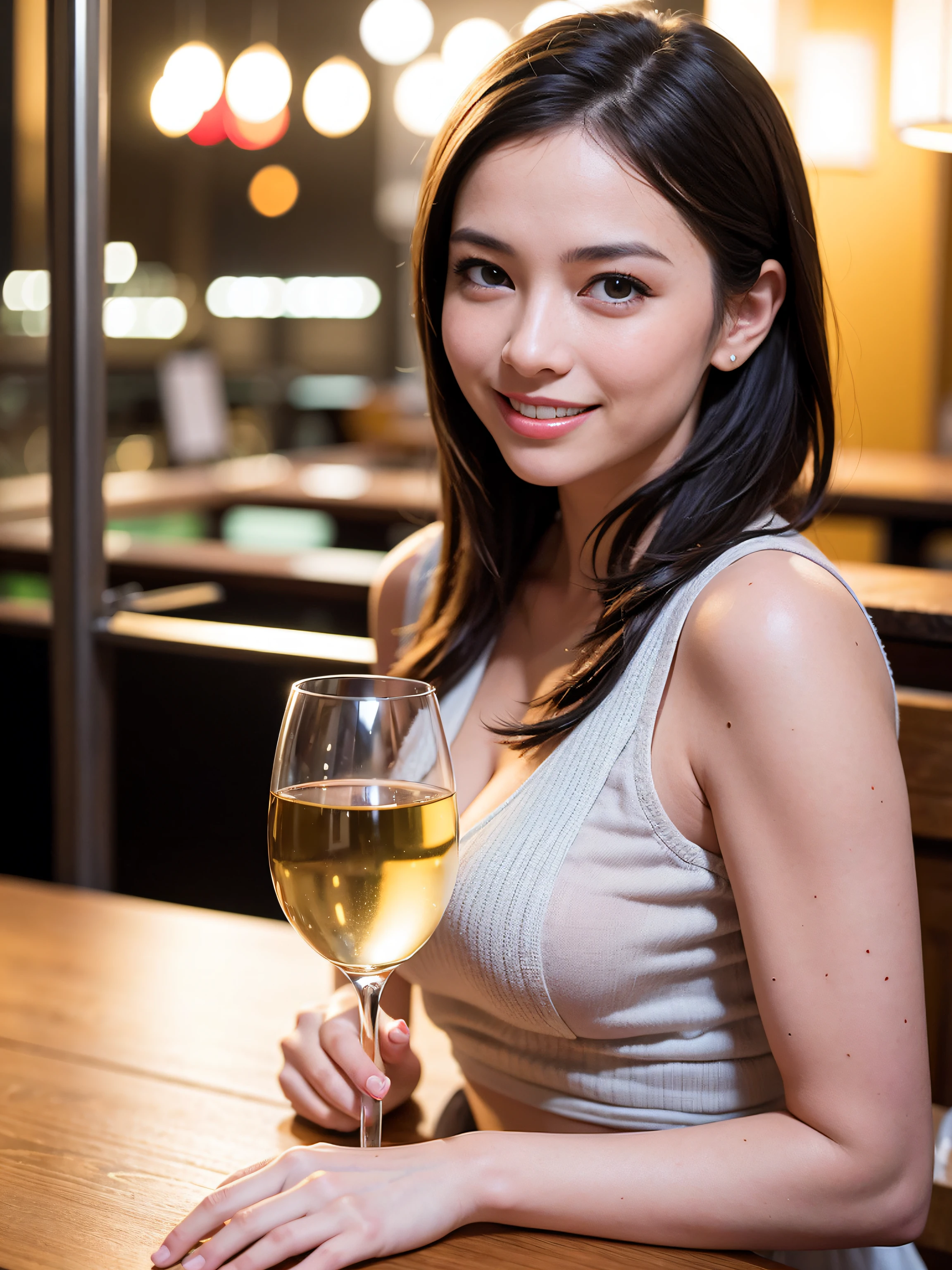 (64K, UHD, top quality, masterpiece: 1.2), (realistic, photorealistic: 1.37), super detailed, pretty woman 1 person, (slim face), (slim body), (brown hair), (short cut), cheeks slightly blushing, (44 years old), 38 years old, solo, beautiful detailed urban night view outside the window, restaurant, wine glasses sit, at night, in a prominent placeNovaFrogStyle, Actress, Model, Waist Up, White Wine, Slim, Wine Glass, Super Clean Night View, Wine Glass Put in the Middle, Happy Smile, (Smile: 1.15), Beautiful Fine Eyes, Upper Body, Bust Japan Up, Night, Short, Short, Actress, Model, Waist Up, White Wine, Slim, Wine Glass, Super Clean Night View, Wine Glass Put in the Middle, Happy Smile,