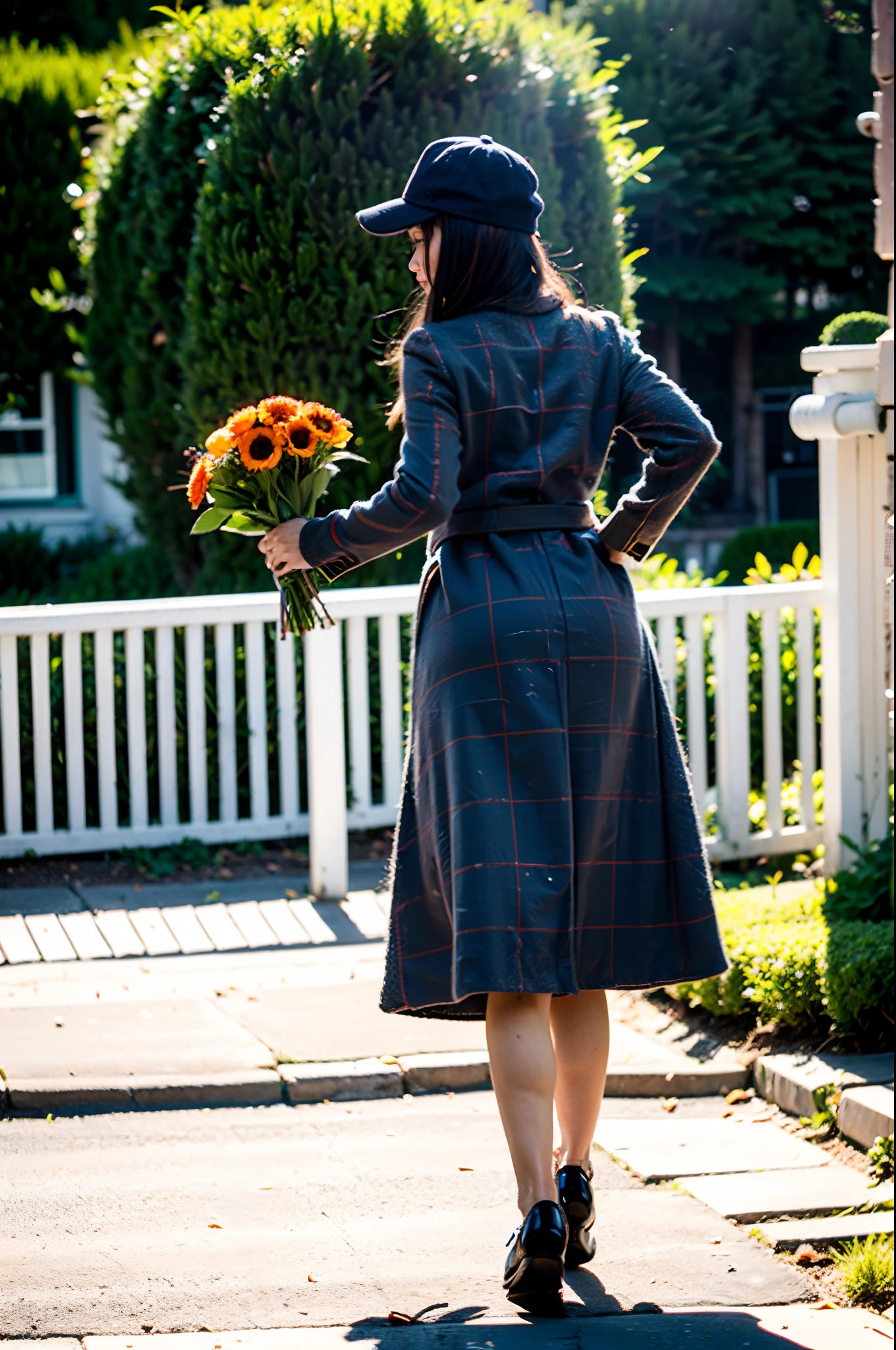 soio、Depiction of gait、holding a large bouquet of flowers in one hand、brown long skirt、Crestbridge Plaid Long Coat、Orange Cap、Pulling photo、Posing with movement、Angle of view from the side、Young European beauties、Brown loafers、Orange clothing、One item in blue、