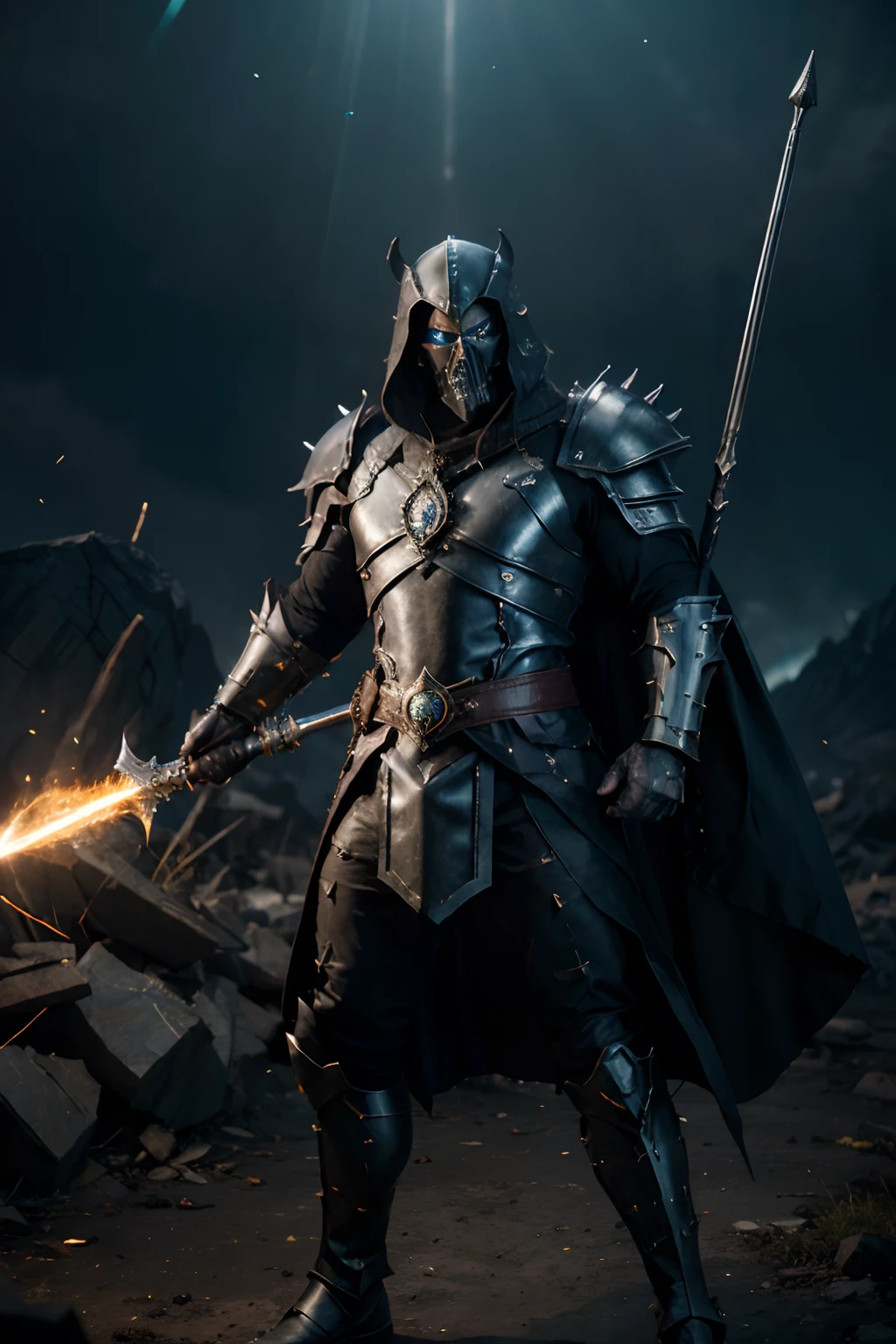 heroic male paladin,warlock,battle armor,skulls,detailed digital illustration,strong and muscular build,fierce expression,glowing magical eyes,magic staff with intricate engravings,floating ethereal aura,background of a desolate battleground,dramatic lighting,high contrast,aurora borealis coloring,vivid colors,hyper-realistic details,extremely detailed armor plating,ornate helmet,shoulder pauldrons with menacing spikes,metallic texture,reflections and shadows,elaborate belt with mystical symbols,flowing cape with tattered edges,dynamic pose with a weapon raised in the air,aura of magic and power,conjuring a spell,smoke and glowing embers,casting a radiant beam of light,hooves of the warlock transforming into dark energy,cracked ground and debris around,aura of darkness contrasting with the strong light beam. (best quality,4k,highres:1.2),ultra-detailed,realistic,photorealistic,studio lighting