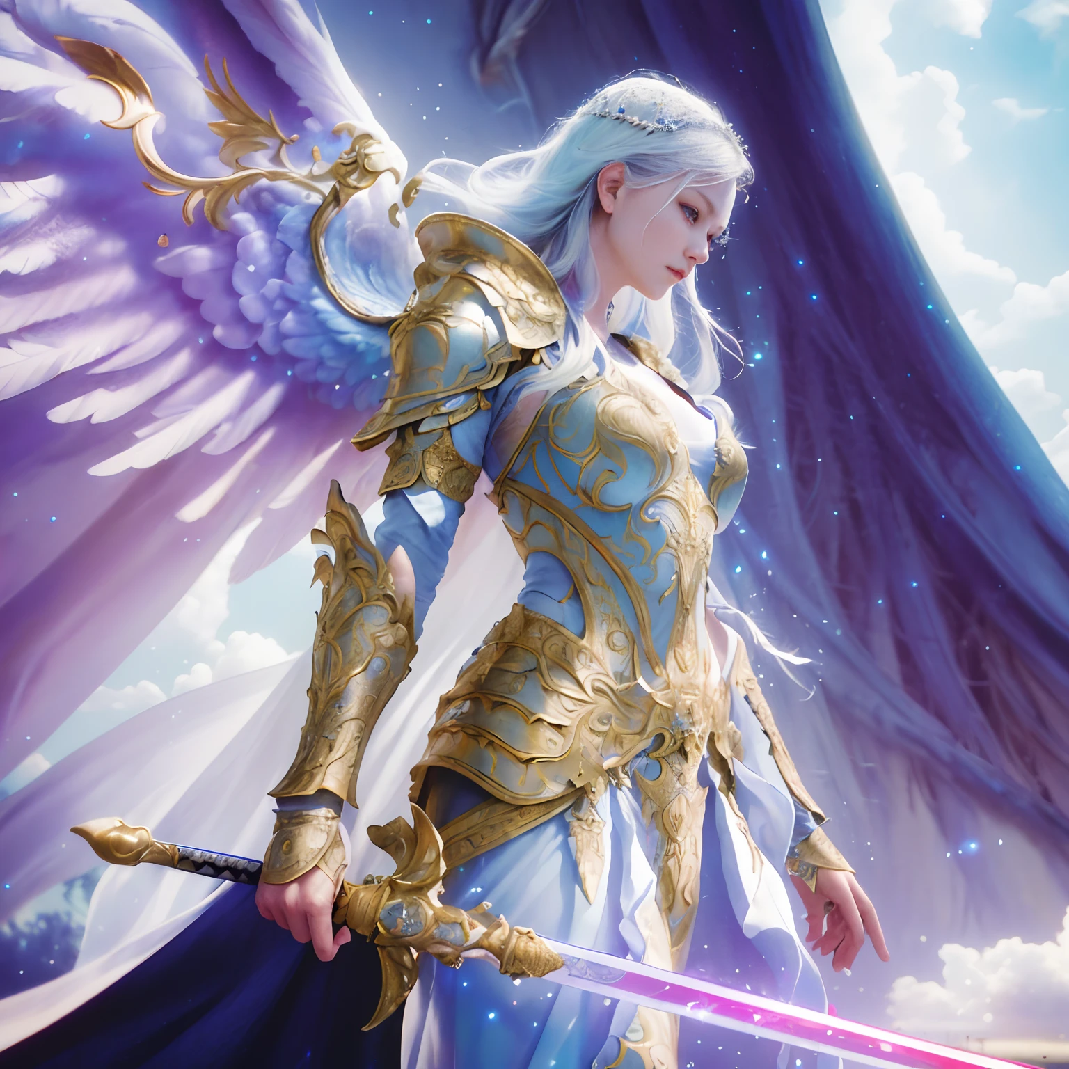 Best-quality, hight resolution、ultra-detailed, masterpiece, (Raw photography:1.4), (realistic:1.4), (Photorealistic:1.4), extremely delicate and beautiful, finely detail, Textured skin,（（Beautiful sword, Beautiful Armor, Aura, Beautiful and elegant goddess, feather wings)) ，Extremely detailed，God lay, Movie lighting