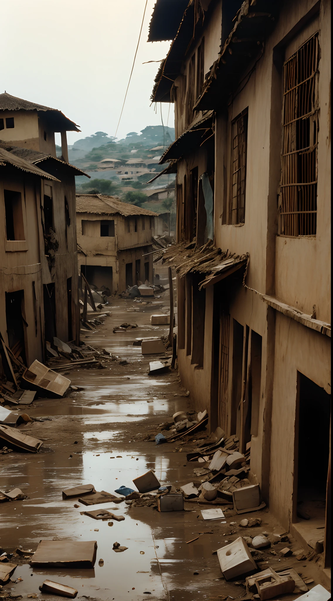 The village is destroyed, rundown, dirty,africa, 1994,dark background