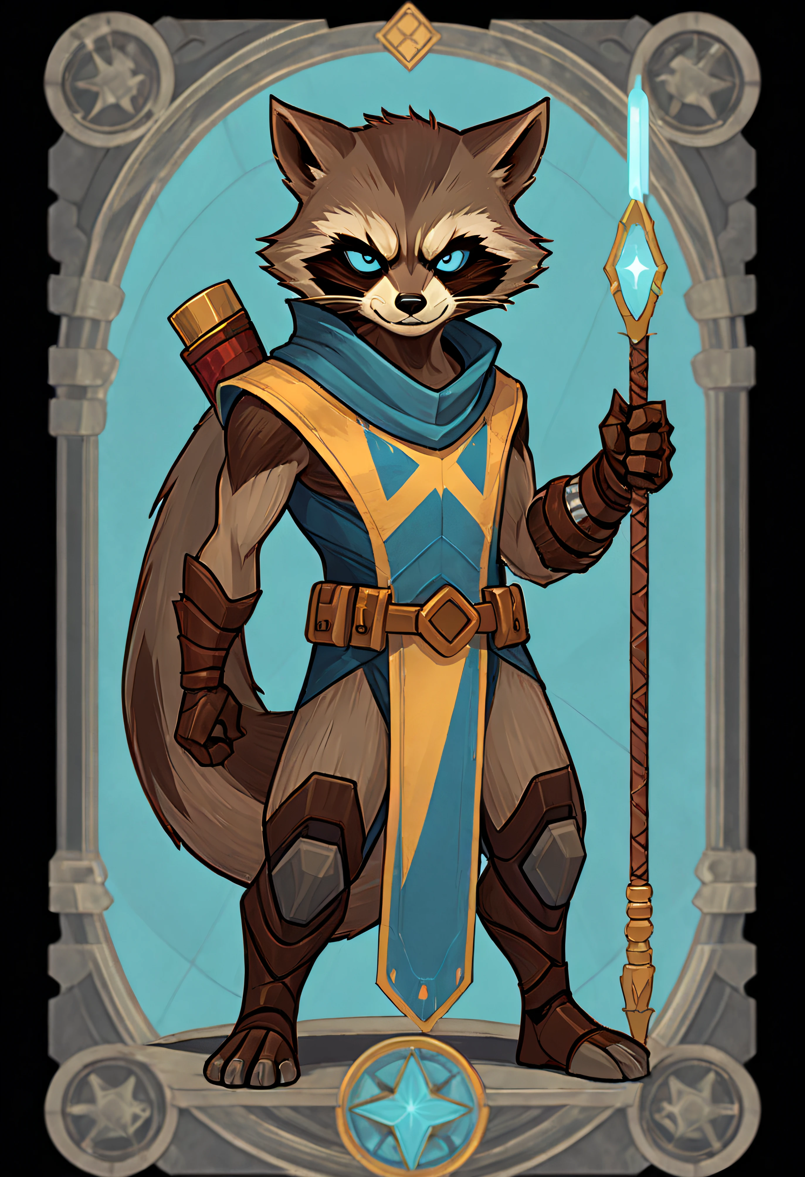 1Rocket Raccoon, From the American comic book superhero, Full body standing painting, (((独奏))), Clear facial features, Simple line design, ((tarot card background, symmetric beauty)), perfectly symmetrical, The art of symmetry, Standing drawings of characters, ((flatcolors)), tmasterpiece，top Quority，best qualtiy，超高分辨率, ((Clear facial features，beautidful eyes，beauitful face, Exquisite facial features))