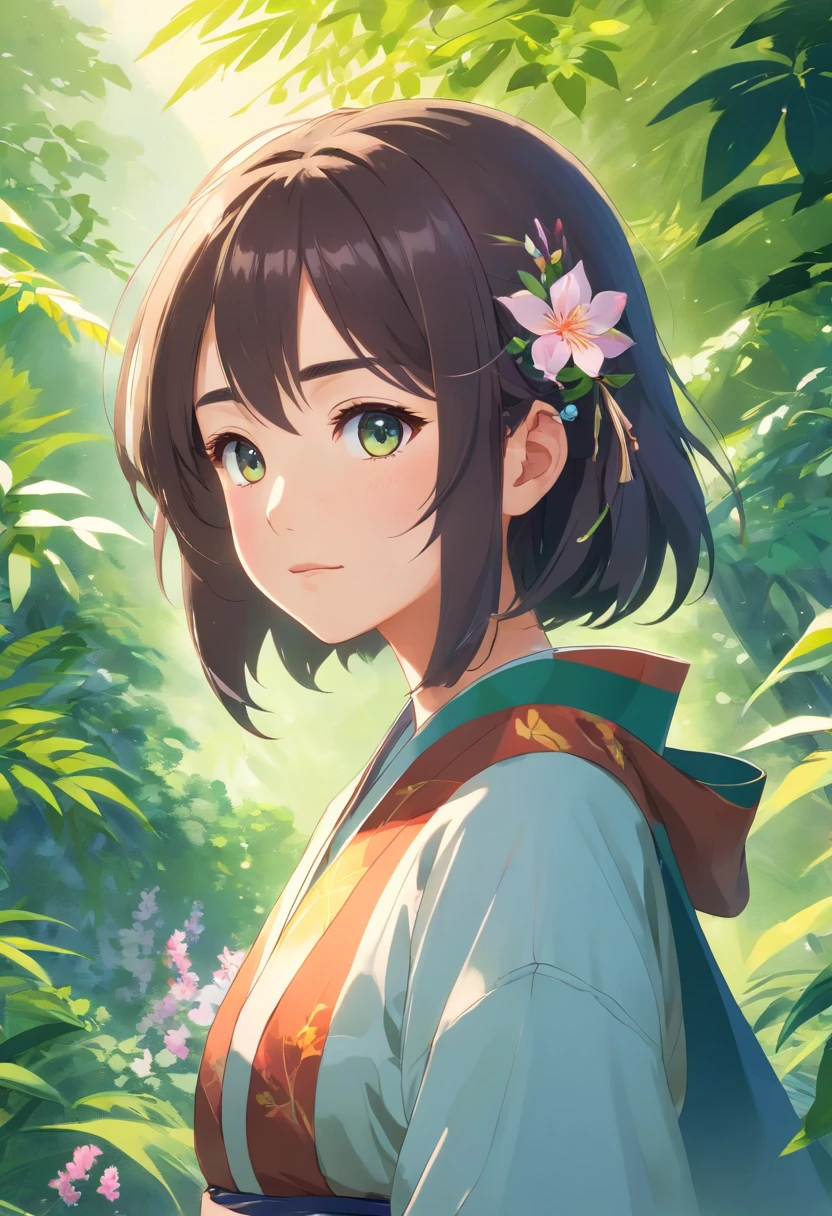 high resolution, realistic, detailed portrait,[Yao ethnic] girl with beautiful, expressive eyes, dark hair flowing down her shoulders, traditional clothing adorned with vibrant colors and intricate patterns,[Yao ethnic] silver accessories reflecting the light, surrounded by a lush garden with blooming flowers and tall trees, soft sunlight casting gentle shadows, capturing the girl's serene and graceful posture, filled with a sense of tranquility and natural beauty.