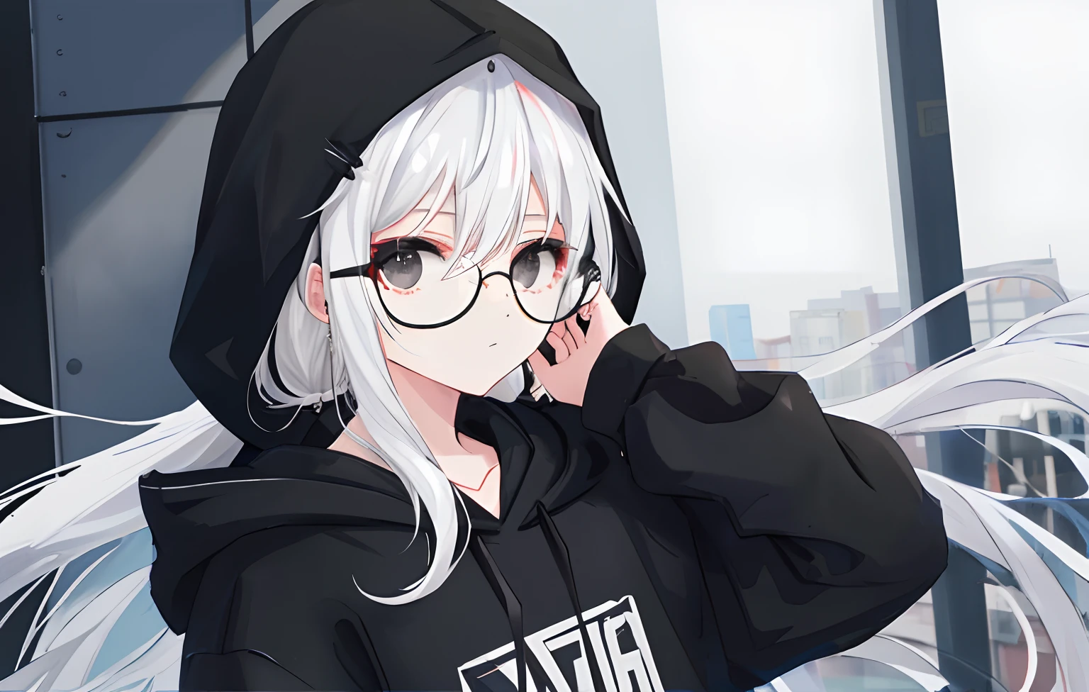 Girl, Long Black Hair /w 1 white hair pin, Black Glasses, Black eyes, Hoodie on his head, Black Hoodie, Black Jeans, High quality, HD