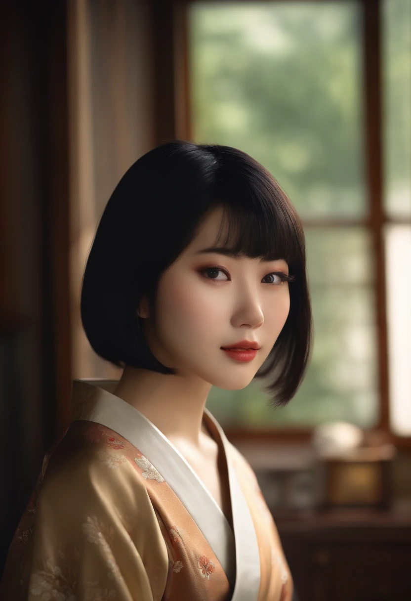 (best quality, highres,masterpiece:1.2),ultra-detailed,(realistic,photorealistic,photo-realistic:1.37), traditional Japanese female, black hair, straight bob, self-portrait, in her own room, soft lighting, Japanese-style backdrop, serene expression, peaceful atmosphere