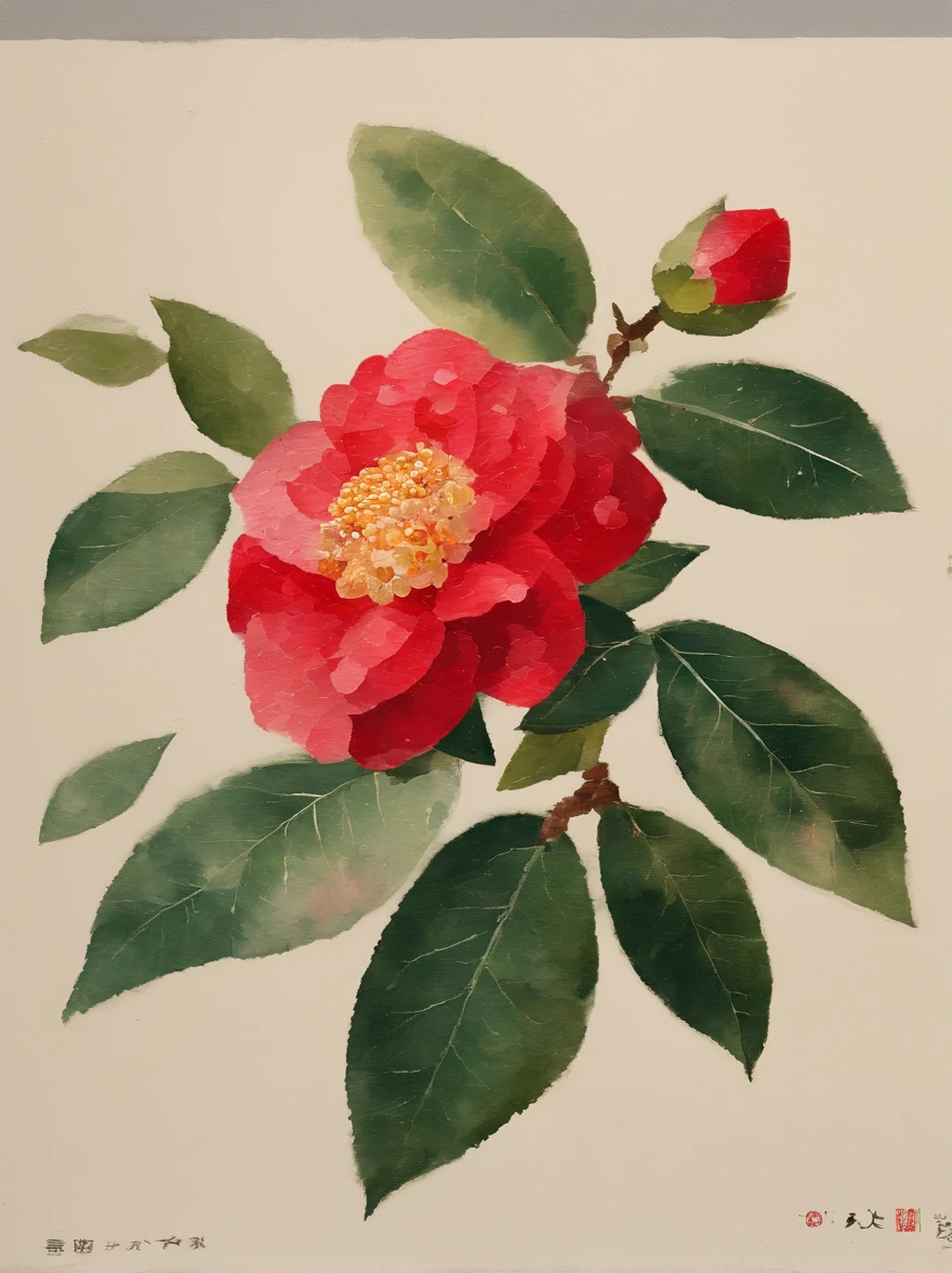 Fine depiction,planar,China-style,ink and watercolor painting,(Red camellia),Elegant lines,meticuloso,Superb hand-painted