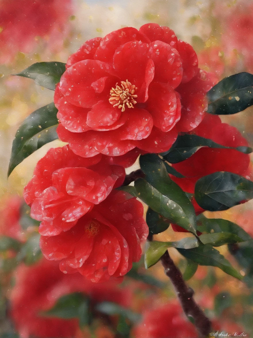 Fine depiction,planar,China-style,ink and watercolor painting,(Red camellia),Elegant lines,meticuloso,Superb hand-painted