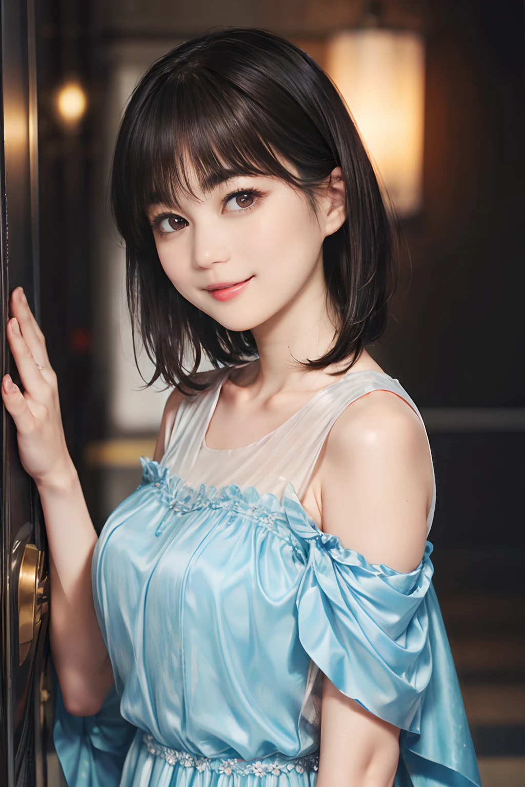 (8K, Raw photo, Highest quality, masterpiece:1.2), (Realistic, Photorealistic:1.37), Ultra-detailed, Ultra-high resolution, 1 girl, Seeing the viewer, Beautifully detailed face, Laughter, narrow, (Slim waist) :1.3), shortcut, Beautifully detailed skin, Skin texture, Dark hair, Short hair, Bob, Professional Lighting, (China dress), Human whole body