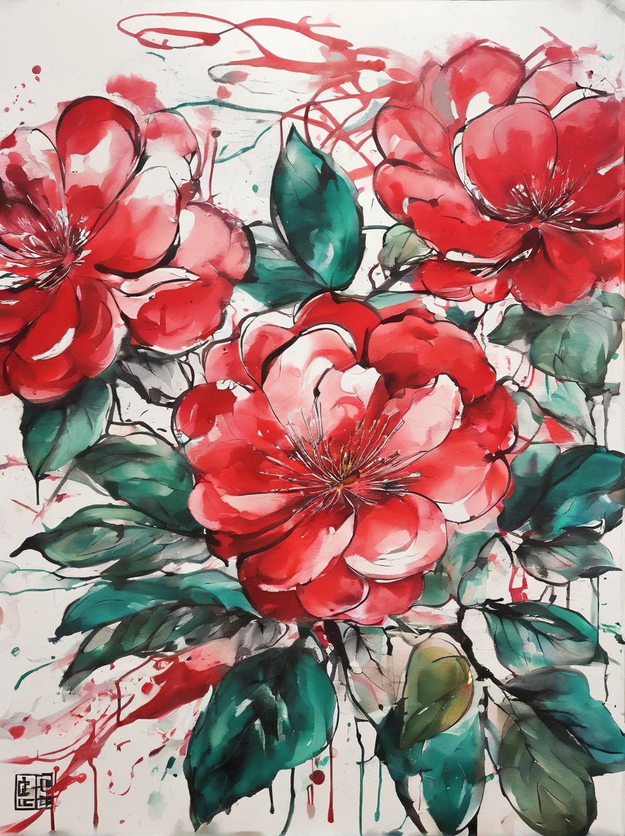 Fine depiction,China-style,ink and watercolor painting,(Red camellia),Elegant lines,meticuloso,masterful art