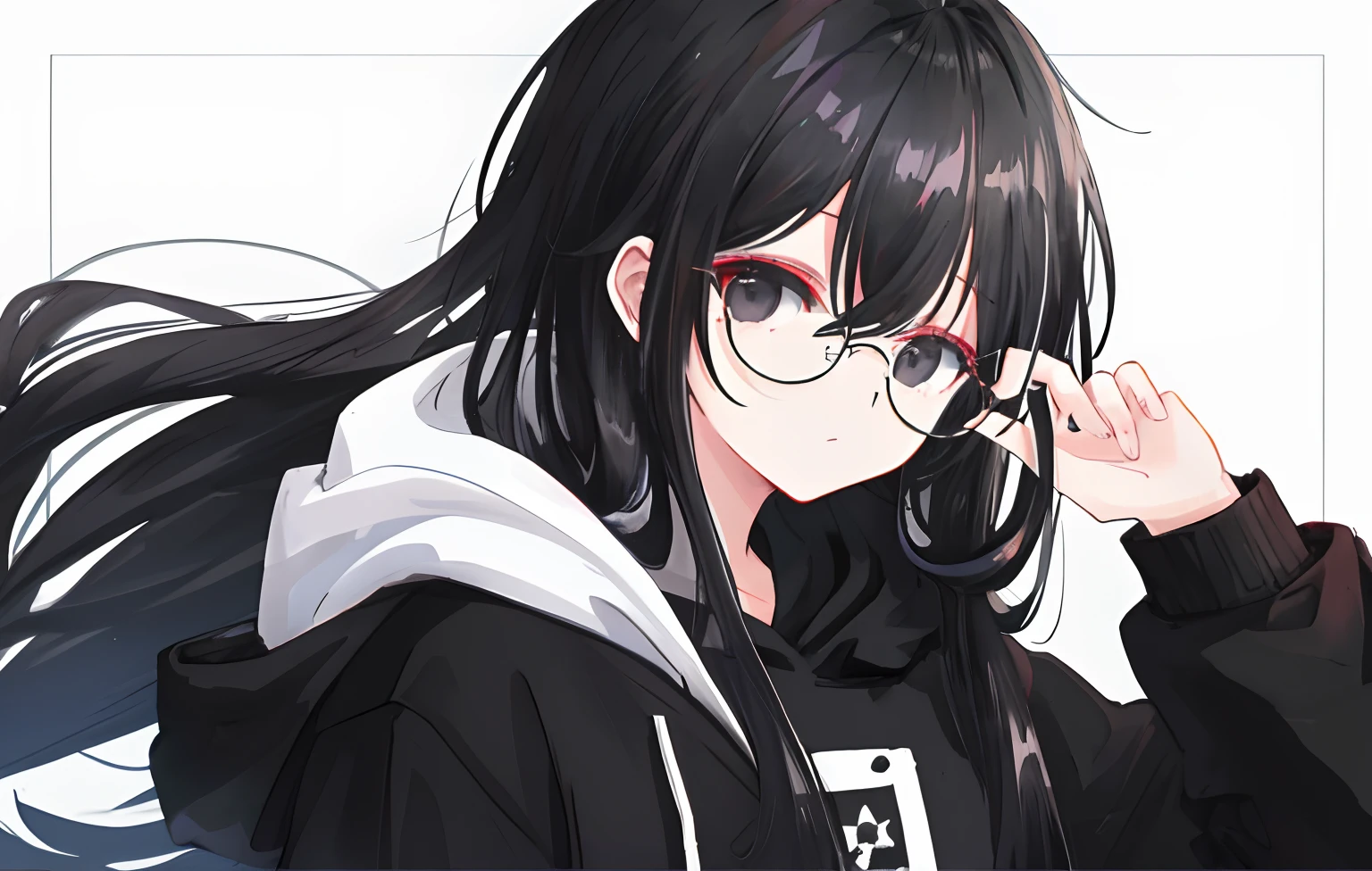 Girl, Long Black Hair /w 1 white hair pin, Black Glasses, Black eyes, Hoodie on his head, Black Hoodie, Black Jeans, High quality, HD