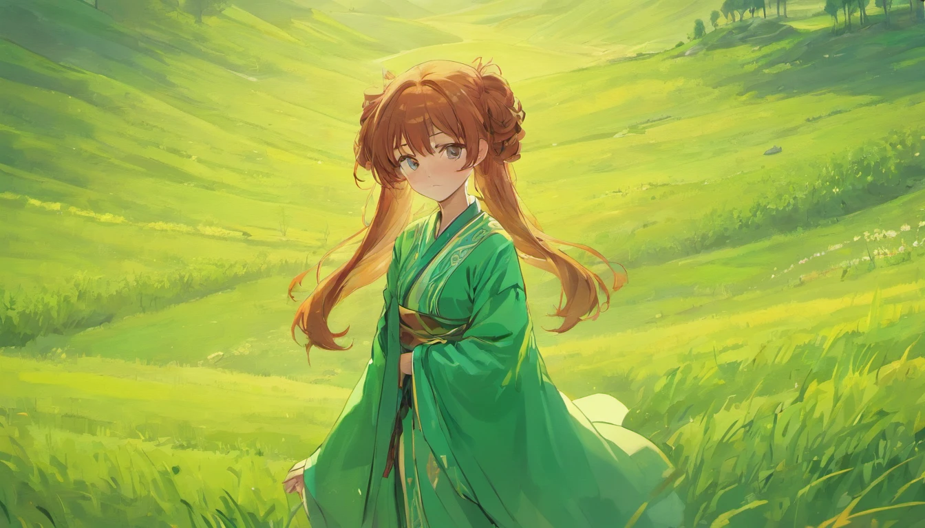 auburn hair,Slender palatial woman, Decorated with flowing emerald silk robes, Stand on top of a meadow hill,The view is majestic.