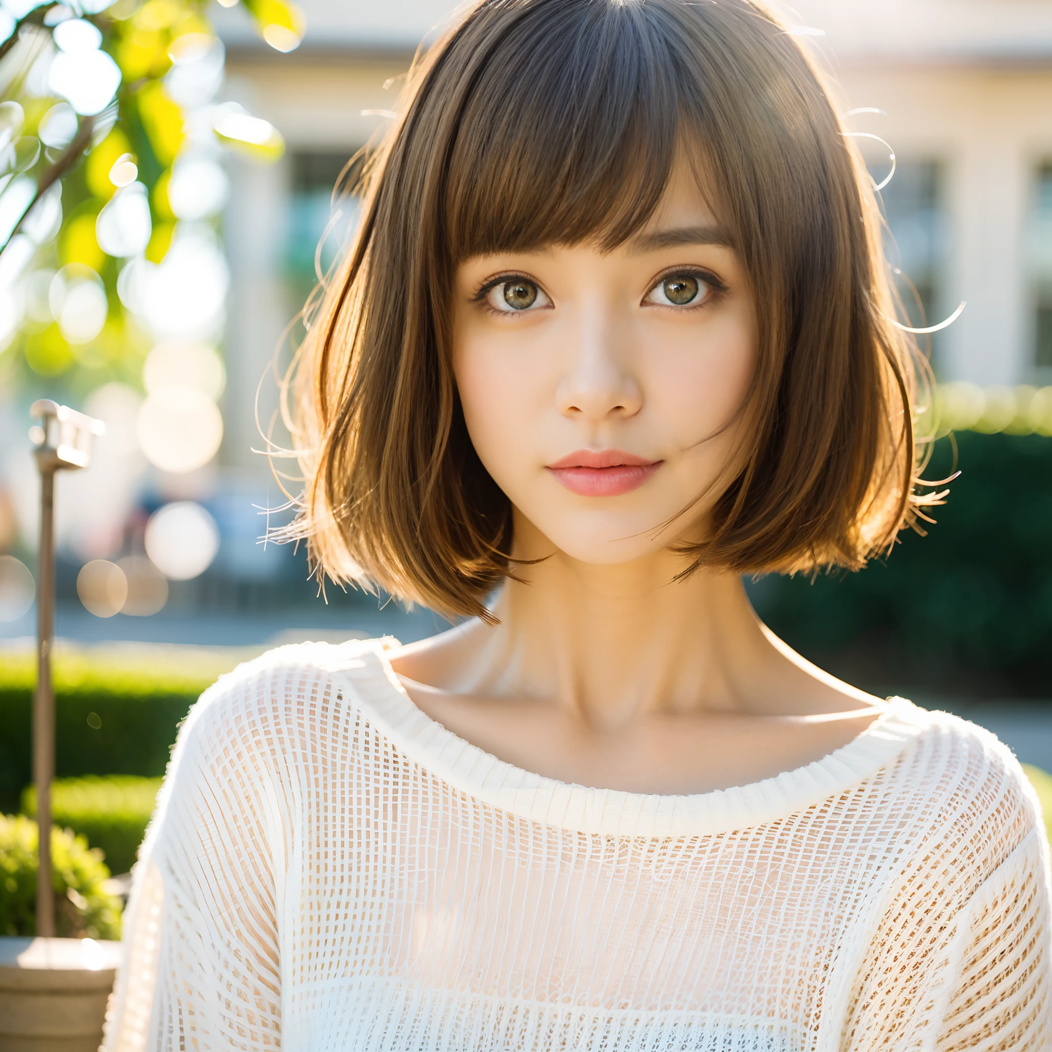 short-hair&Summer knitwear in white、Japan woman in the background of Picasso's painting、a 20 yo woman、Half Woman、summer knit、shorth hair、short hair with bangs、Cute face girl、Cute little face in portrait、French Bob、pale fair skin!!,short brown hair and large eyes、Soft portrait shots 8 k、beautiful light big eyes、Beautiful young girl、Young girl in a bob cut、Top image quality、masterpiece 、short bangs、Light Brown Gradient Hair、realistic skin textures、Realistic