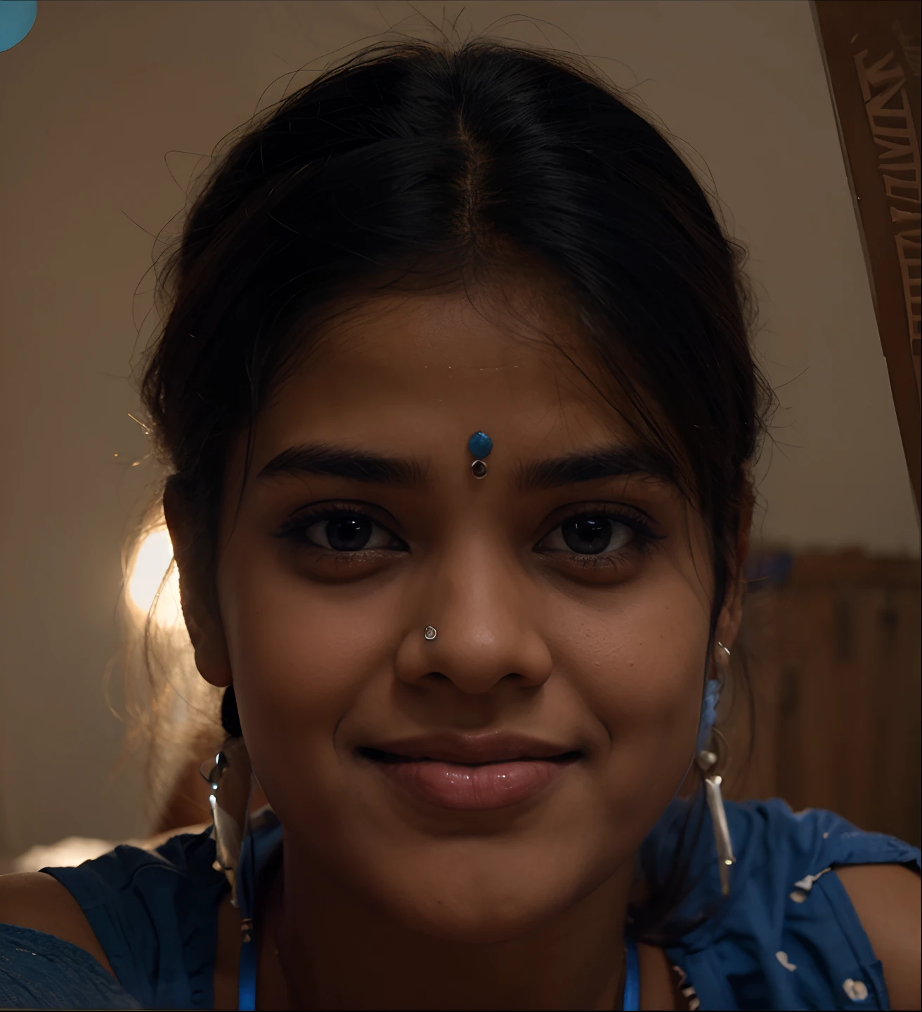 Indian girl wearing blue crop top without pants she bottomless, no wearing panty, she bottom is naked,no panty no underwear,in bedroom ,Full body image ,ups smile, aig 25, back side one boy touching Stomach