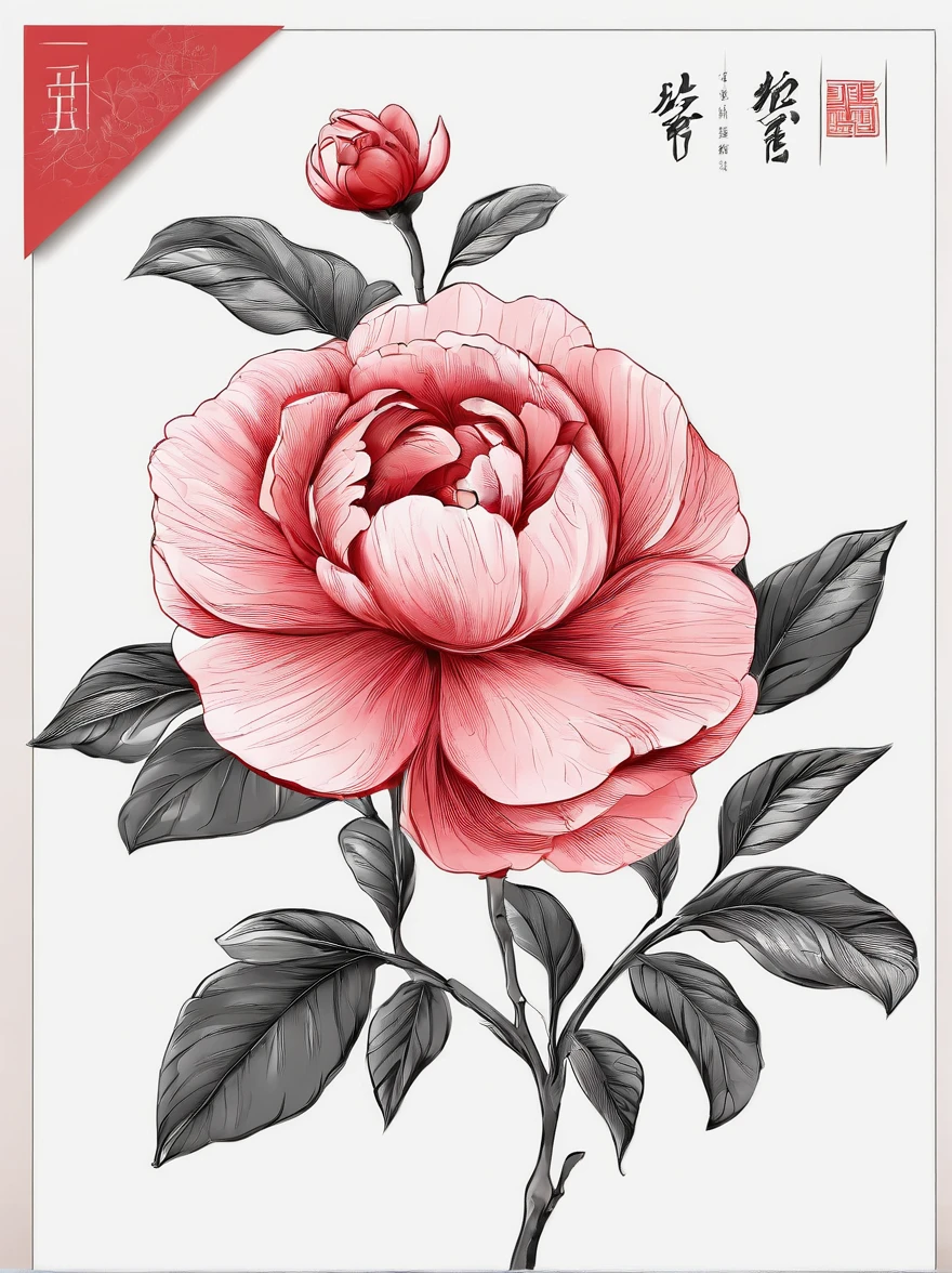 Fine depiction,planar,China-style,ink and watercolor painting,(Red camellia),Elegant lines,meticuloso,Superb hand-painted